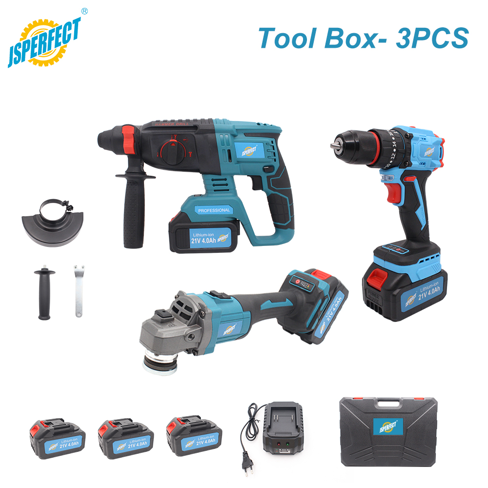 21V Cordless Drill Combo Kit and Angle Grinder and Rotary Hammer and Fast Charger 3 in 1 Power Tool Set